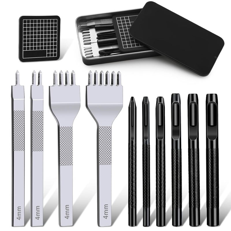 MORFEN Leather Stitching Punch Hole Punch Tool Set, 4mm 1/2/4/6 Prong Punch Chisel, Round Hole Punch for Belt, Watch Band, Leather Strap DIY Crafts - Image 1